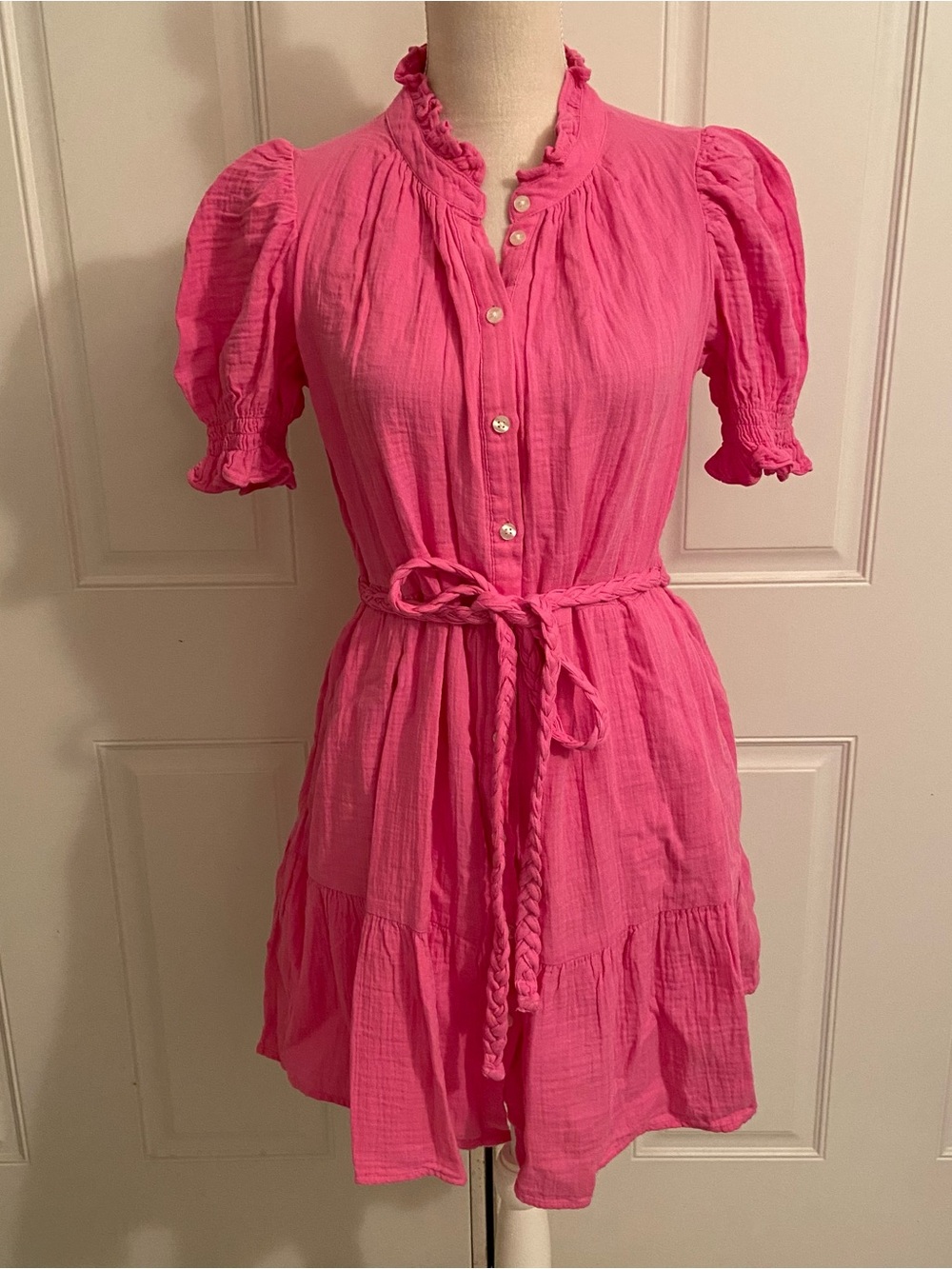 ✨NWT GAP Crinkle Gauze Puff Sleeve 
Tie-Waist Linen Blend Shirt Dress